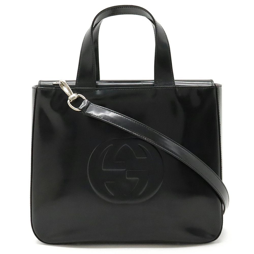 Gucci Soho Interlocking G Tote Bag Handbag Shoulder Patent Vernis Leather Black